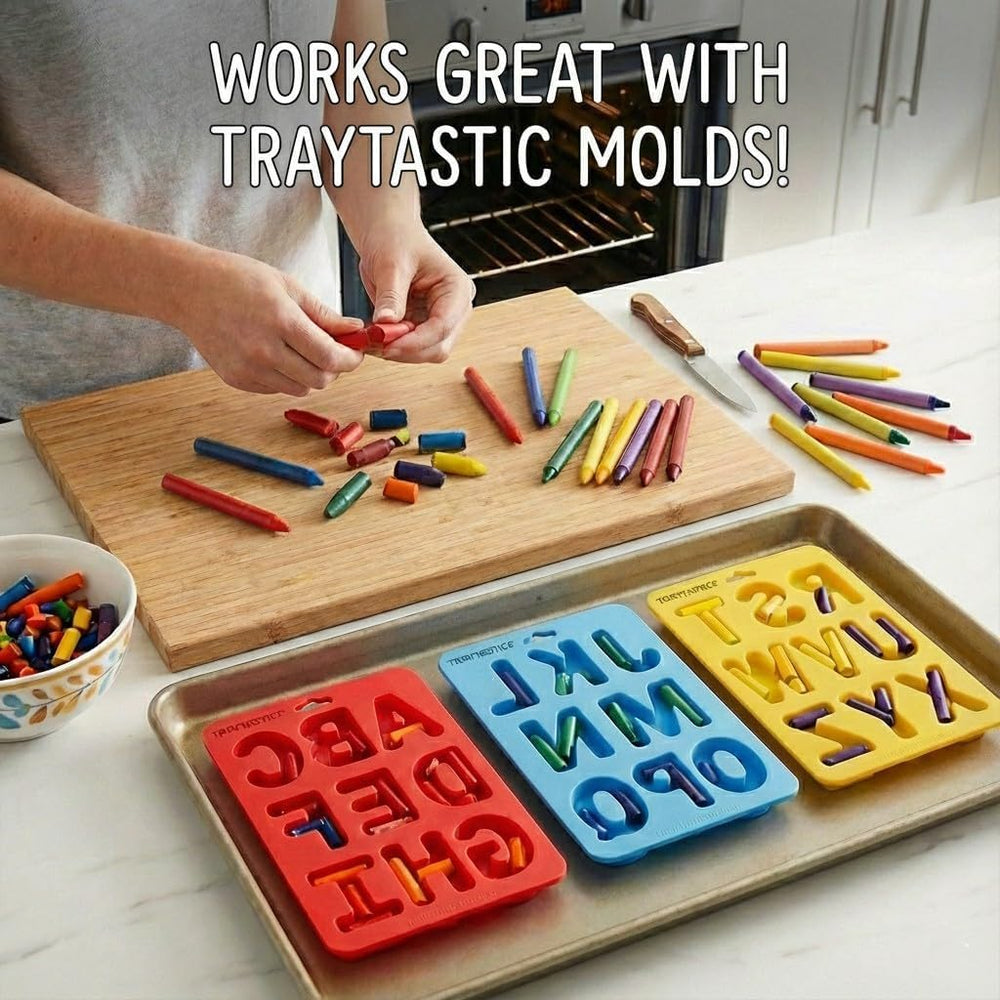Craytastic yellow unwrapped crayons on a desk set up for classroom crafts.