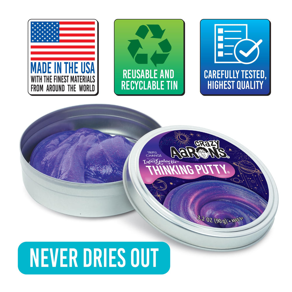 Includes 3.2 oz of Crazy Aaron's Thinking Putty in a durable tin.