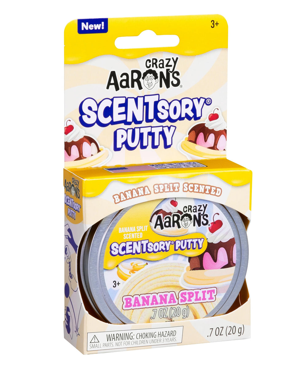 Crazy Aaron's Banana Split Thinking Putty used as desk-friendly fidget for focus.