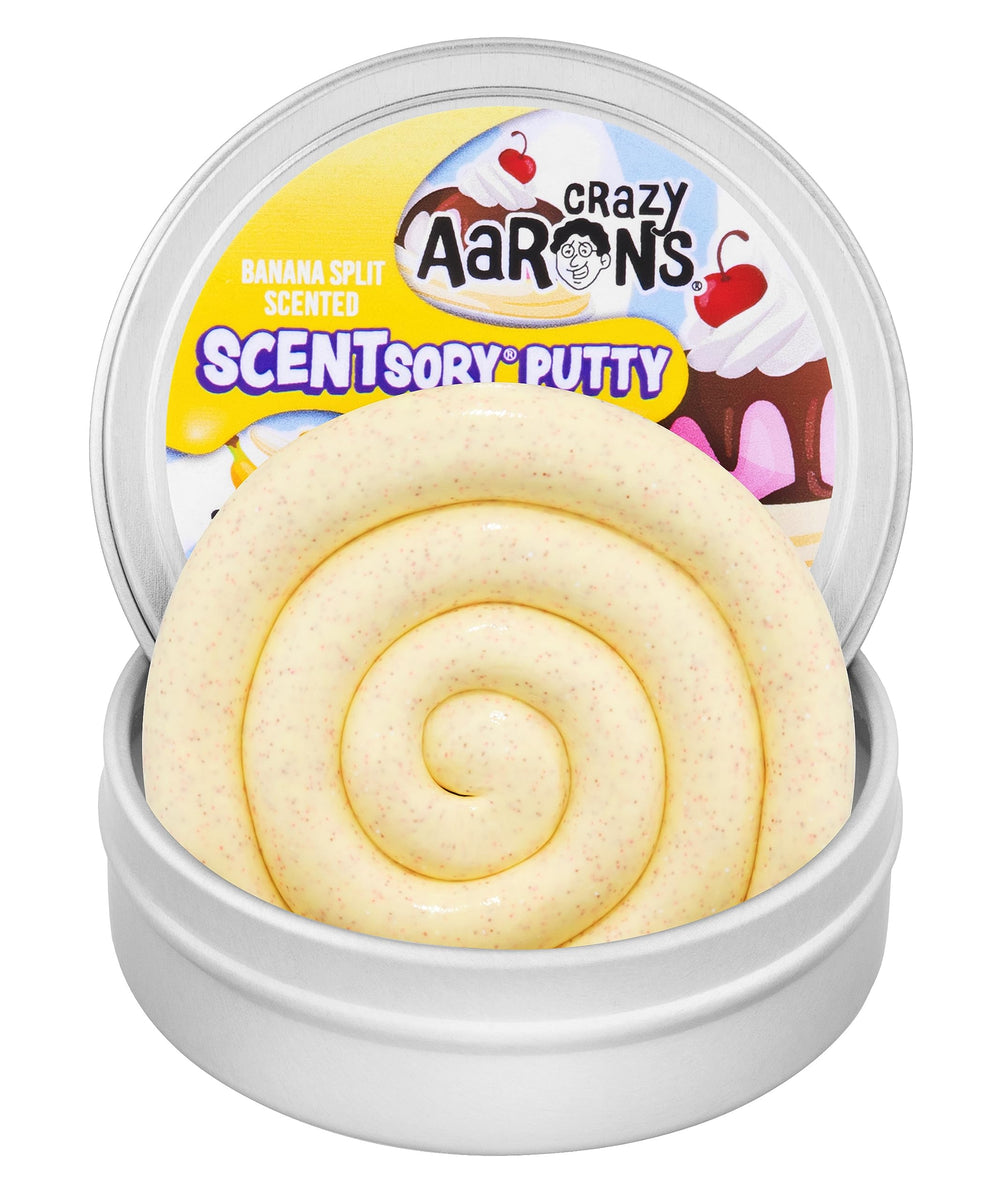 Crazy Aaron's Banana Split Thinking Putty packaging, a convenient desk-friendly sensory toy.