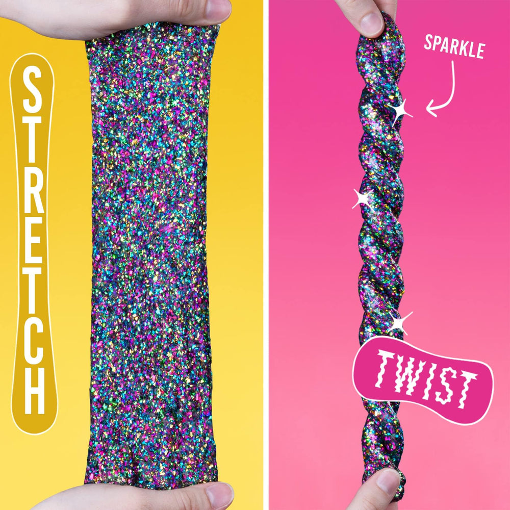 Rainbow glitter glints as you stretch, pop, and sculpt the putty.