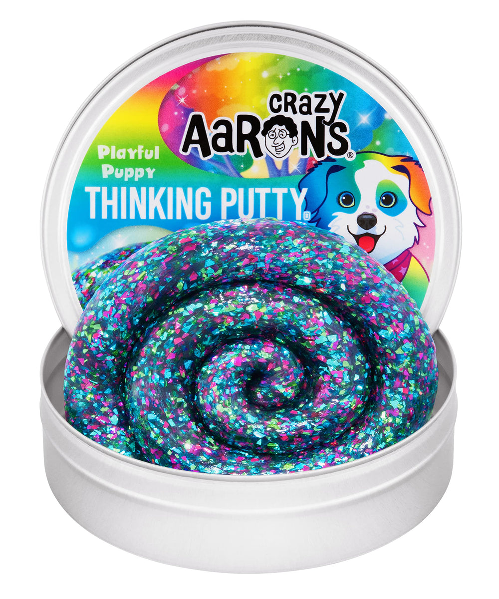 Crazy Aaron's Thinking Putty Playful Puppy in a 4-inch tin for creative play and stress relief.