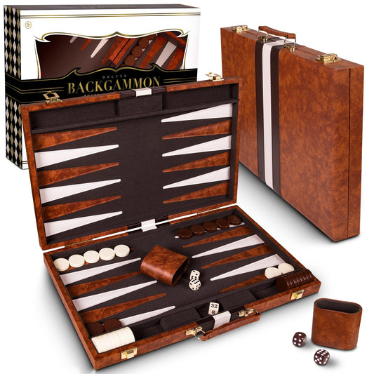 Crazy Games premium backgammon board 15-inch brown leatherette, durable for home and travel.