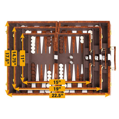 Leatherette case interior protecting Crazy Games backgammon accessories during travel.