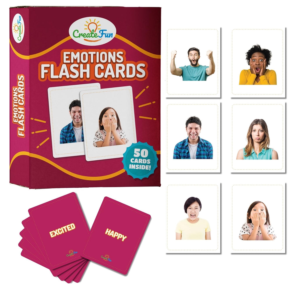 CreateFun 50 Emotions Flash Cards Volume 1 cover for engaging emotion learning.
