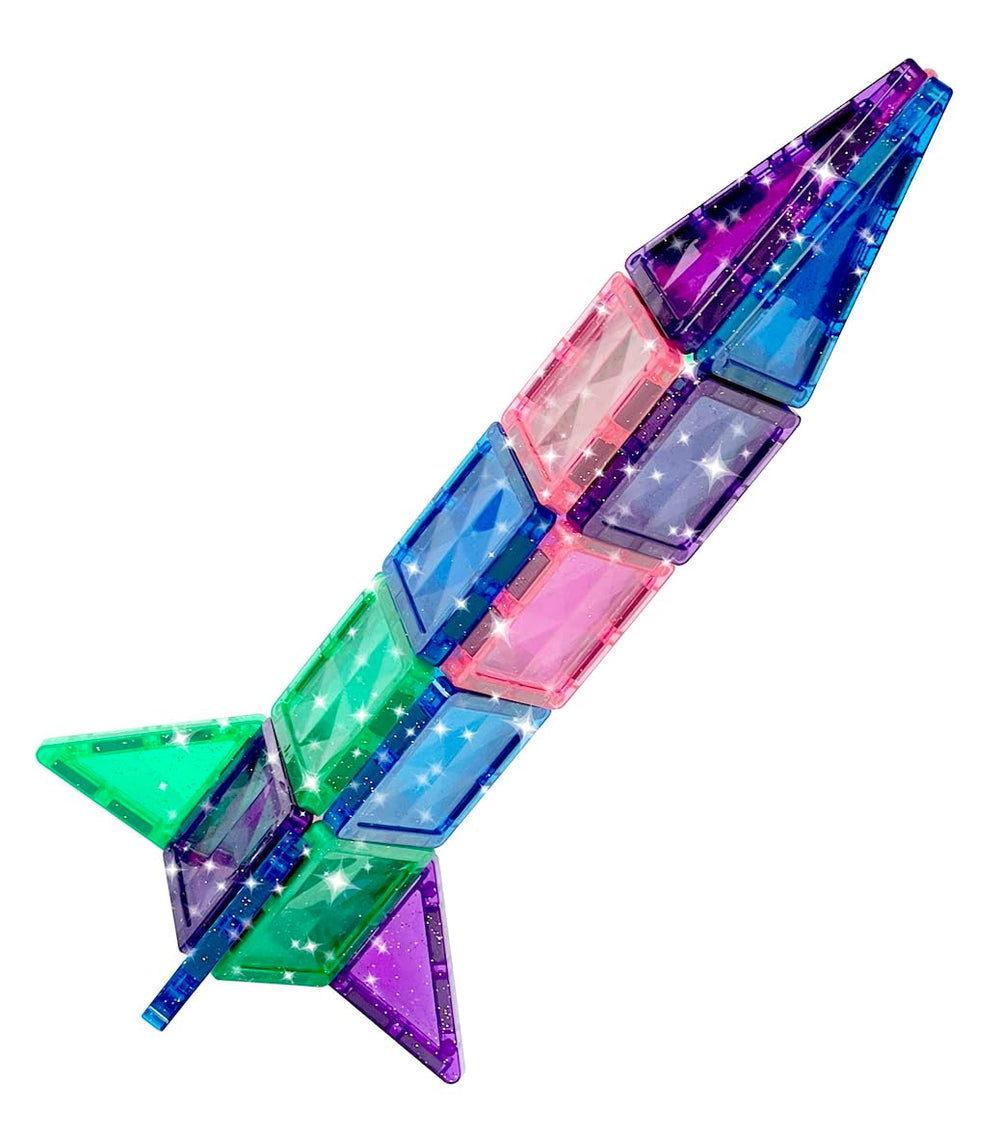 Magnetic Crayola PIP-Tiles create quick stacks with glitter accents.