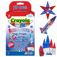 CreateOn Crayola glitter PIP magnetic tiles in red, white and blue for imaginative play.