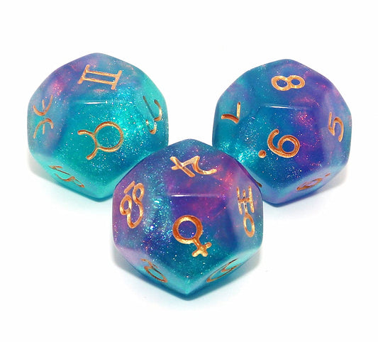 CREEBUY Astrology Dice blue glitter D12 for divination sessions and future readings.