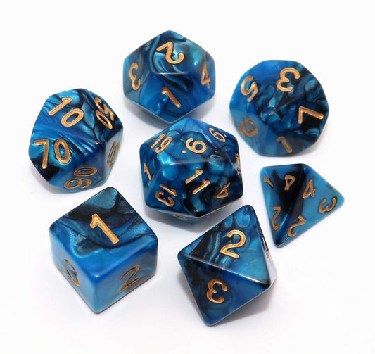 CREEBUY blue and black D20 dice with gold numbers for easy readability.