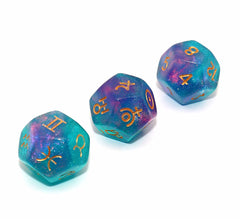 CREEBUY D12 purple glitter dice for astro-themed games and readings.