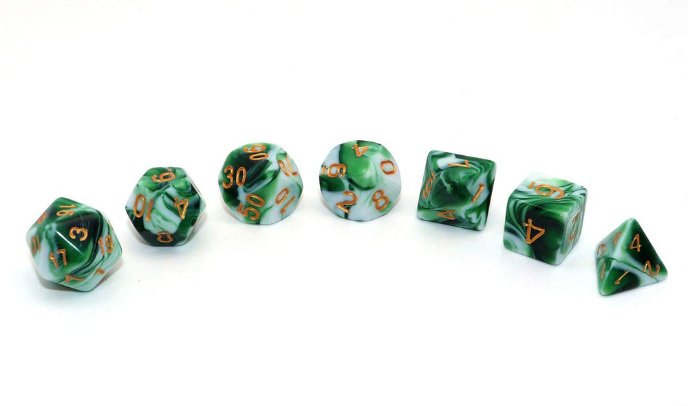 CREEBUY green-white D&D d12 dice close-up showing balanced feel for reliable rolls.