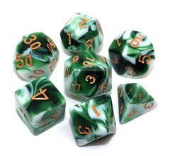 CREEBUY polyhedral D&D dice green-white d20 close-up with large gold numbers for easy reading.