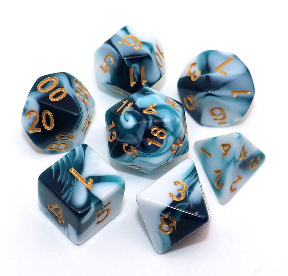 CREEBUY teal and white D&D D20 dice with gold numbers for quick reads during sessions.