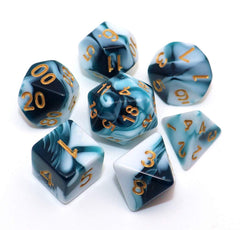 CREEBUY teal and white D&D D20 dice with gold numbers for quick reads during sessions.