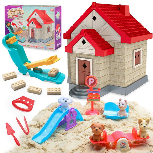Crelloci house-building play sand toy with house mold for creative construction and sensory exploration.