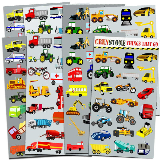 Crenstone Cars and Trucks sticker pack with eight sheets, perfect for party favors.