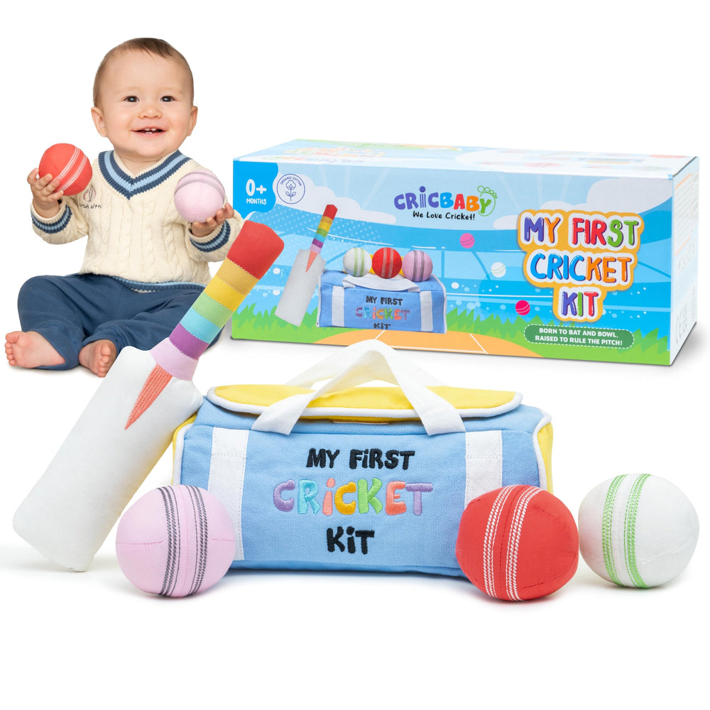 CRICBABY My First Cricket Kit rainbow bat boosts visual stimulation during play.