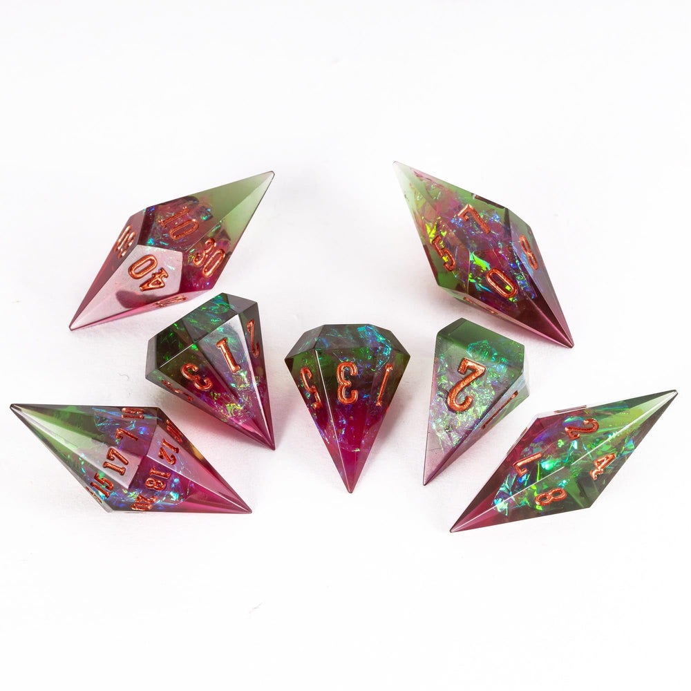 CRITALLIC closeup edge dice highlight sharp edges for stable rolls.