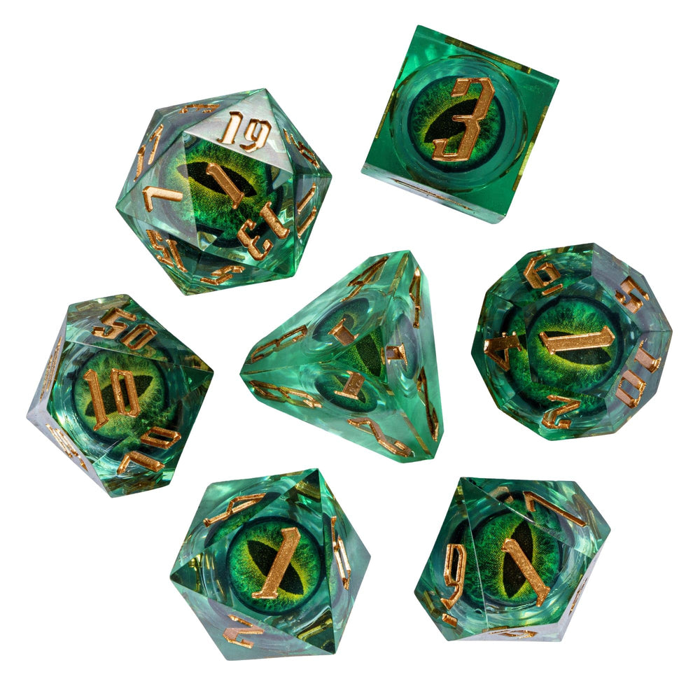 CRITALLIC dragon eye liquid core dice display vibrant transparency for immersive sessions.