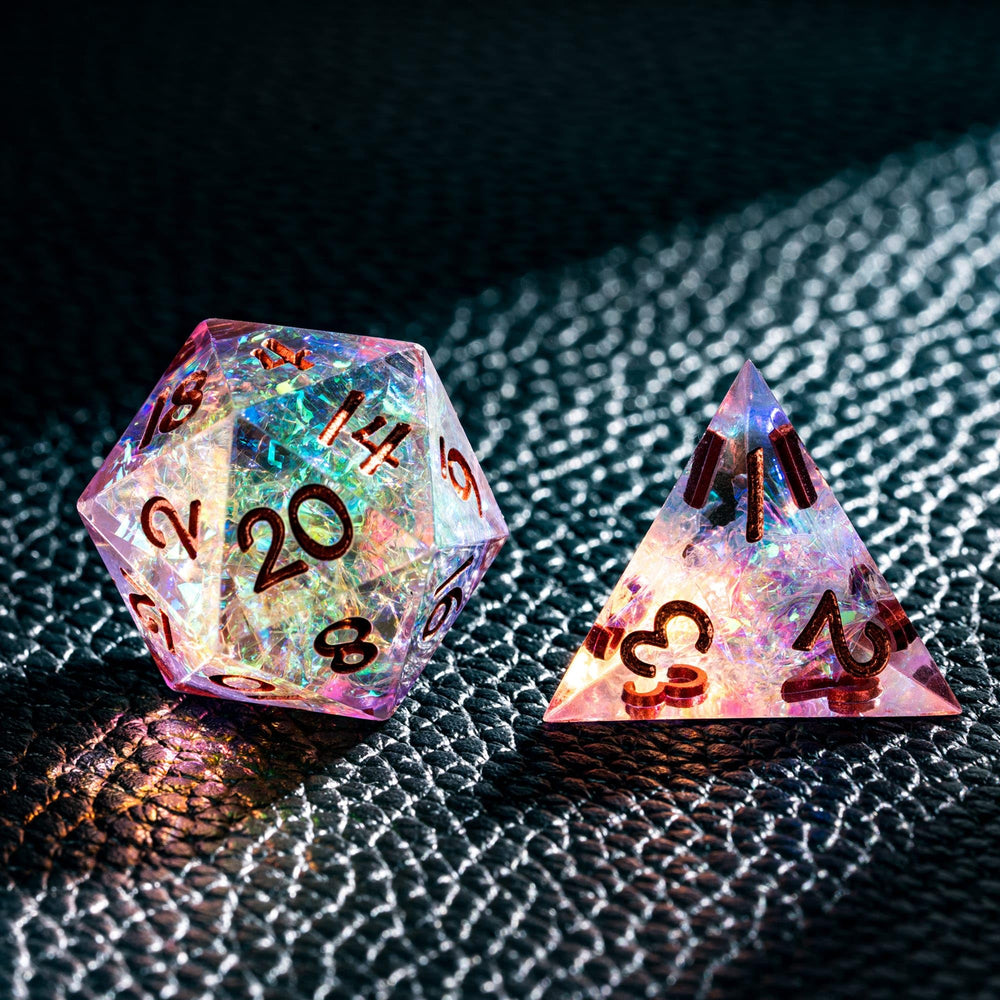 CRITALLIC DND D8 set rolling on surface, easy to read large numerals.