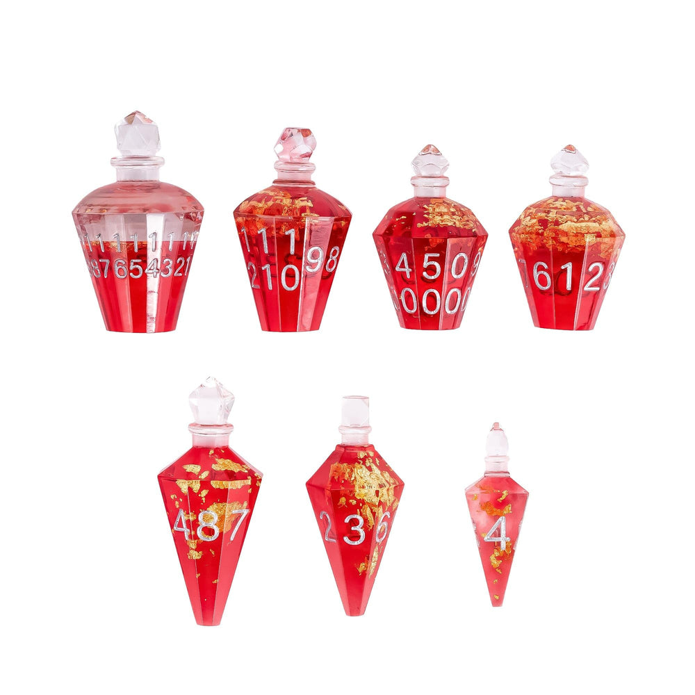 CRITALLIC potion dice in a red bottle with gold foil enhances table ambiance.