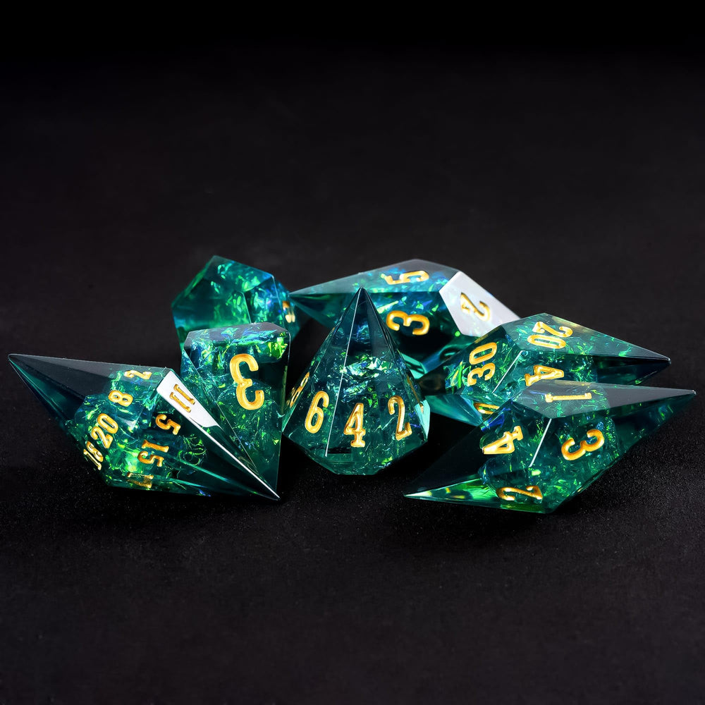 CRITALLIC Diamond DND dice set green transparency creates dramatic glow under lighting.