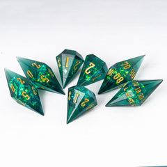 CRITALLIC Diamond DND dice set green in hand demonstrates portability for on-the-go sessions.