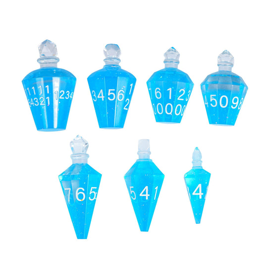 CRITALLIC potion dice blue bottle showcasing glitter for immersive tabletop gaming.