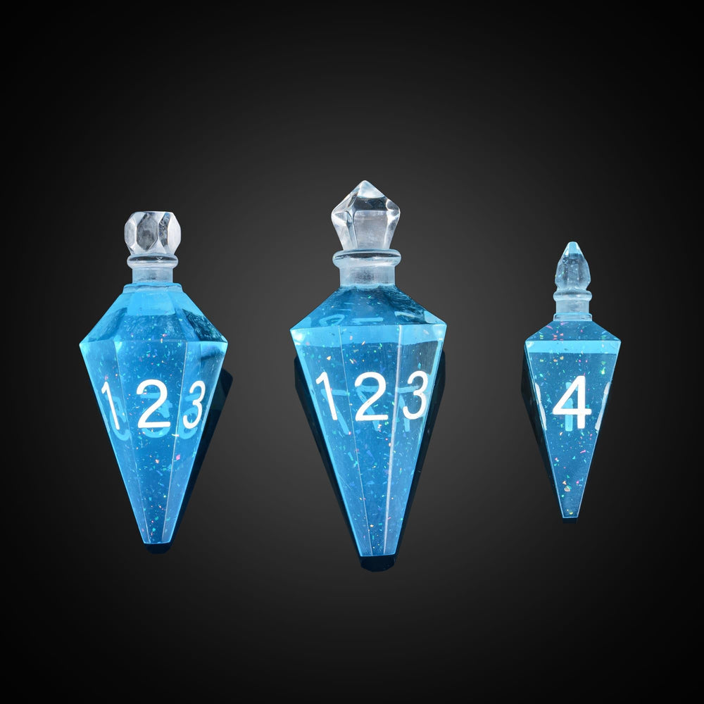 CRITALLIC blue bottle dice set captures glittery motion as dice roll across maps.