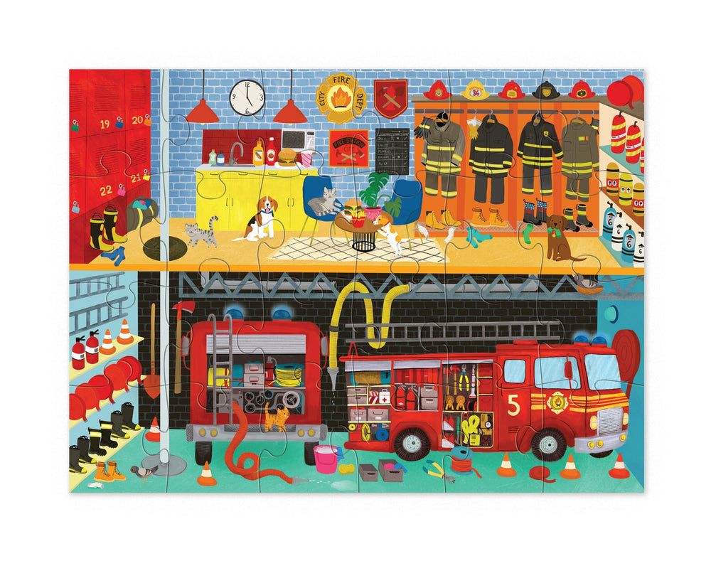 Crocodile Creek Fire Engine puzzle illustration stimulates fine motor skills.