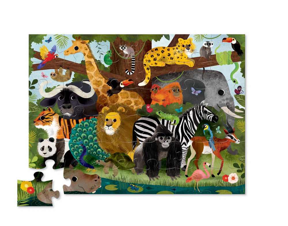 Crocodile Creek Jungle Friends kids playing, bright colors spark imagination during quiet play.