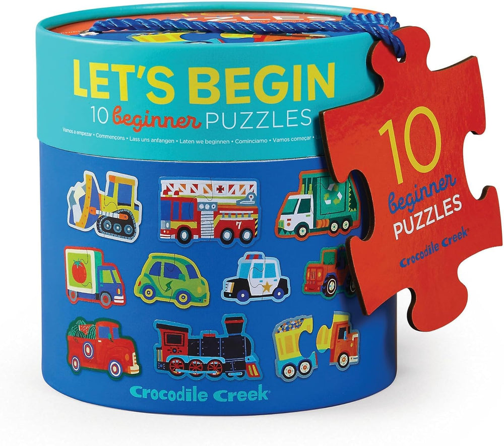 Crocodile Creek colorful vehicles puzzle supports early learning with vibrant vehicle scenes.