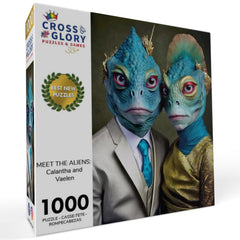 Cross & Glory Meet the Aliens puzzle pieces piled in vibrant colors, inviting immersive puzzling sessions