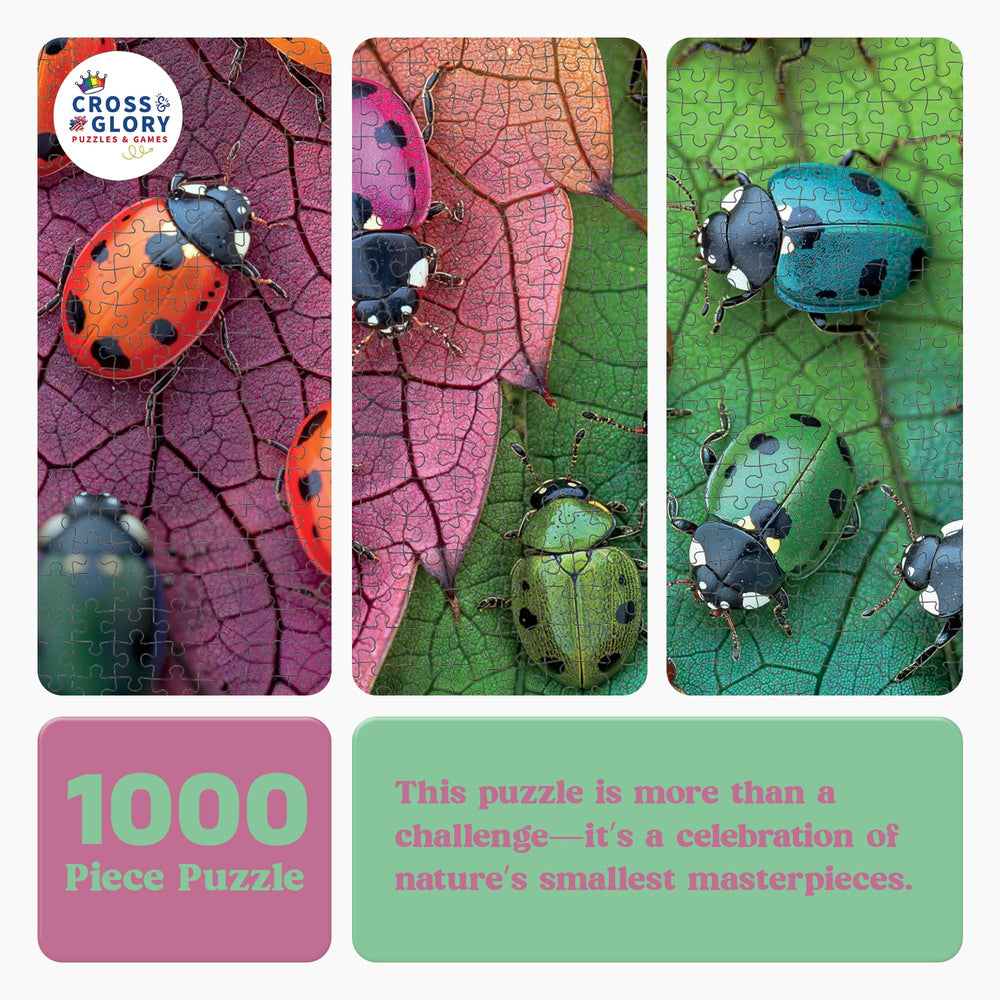 Cross & Glory Vibrant nature scene with ladybugs on leaves inspires a calming escape.