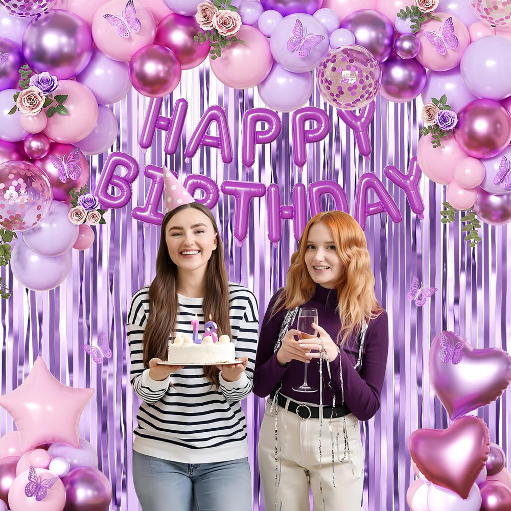 CROSSFINGERS purple happy birthday balloons provide a celebratory centerpiece