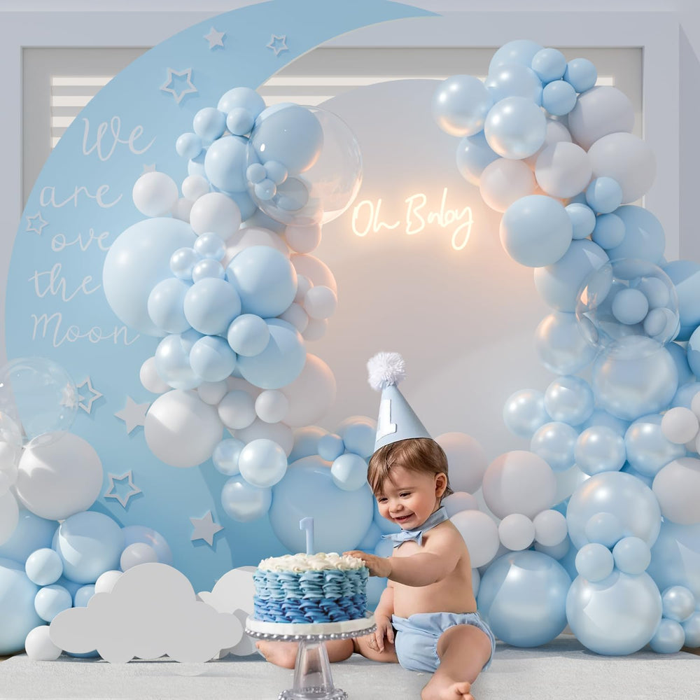 CROSSFINGERS wedding backdrop balloon arch showcasing dreamy blue tones