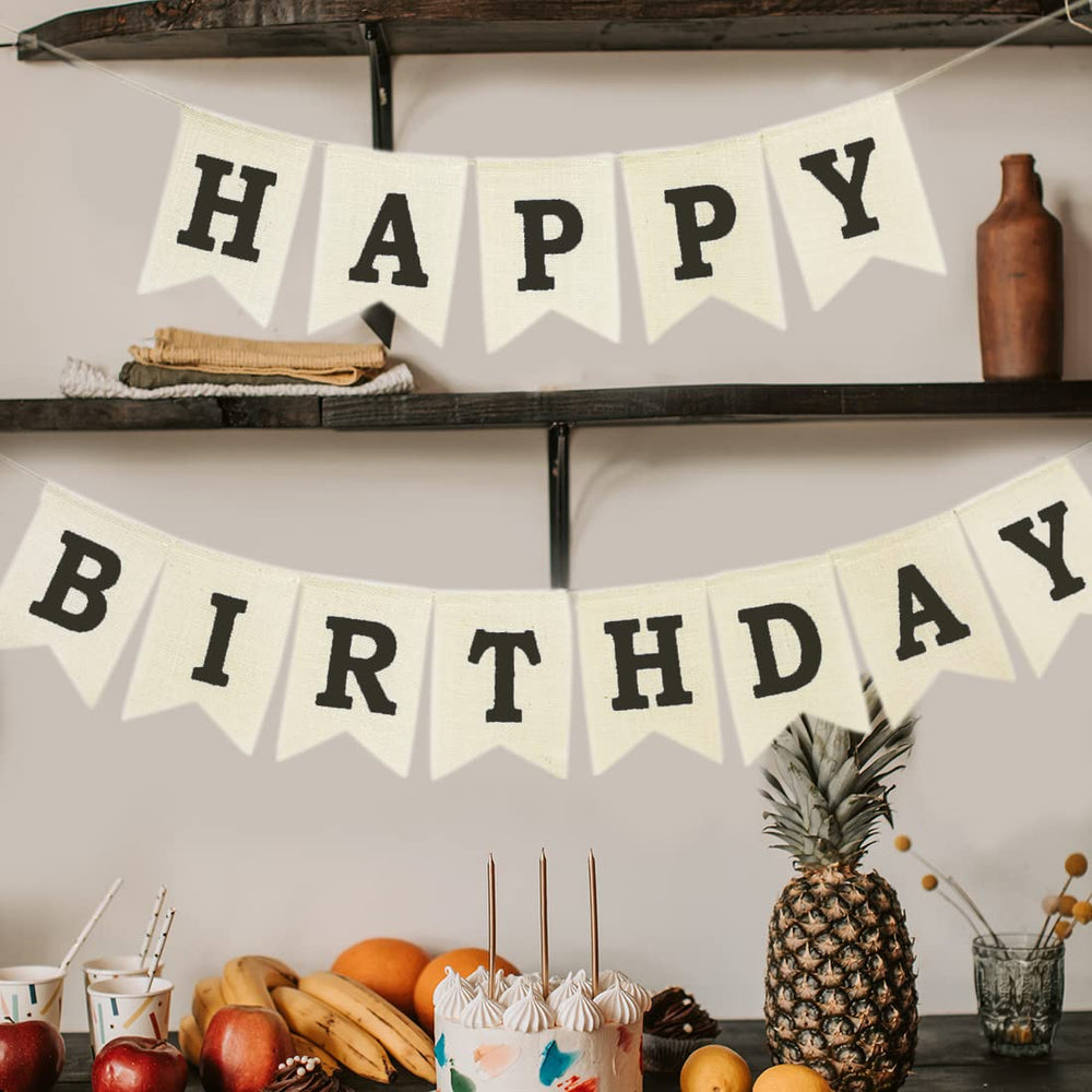 Crownos beige flags with black Happy Birthday text for elegant reusable decor.