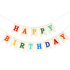 CROWNOS Burlap Happy Birthday Banner assembled display for vibrant rustic celebration decor.