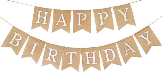 CROWNOS Happy Birthday burlap banner pre-strung for quick party decorating