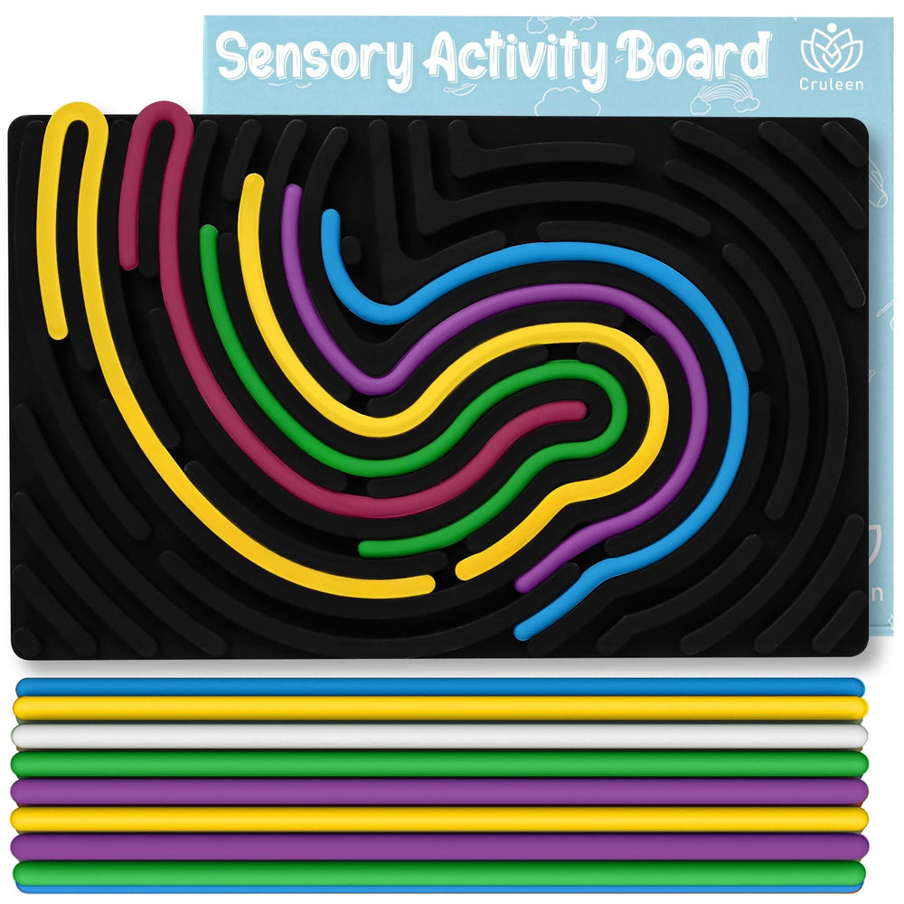 Cruleen sensory board front view with durable silicone textures for calm, screen-free play.
