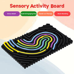 Cruleen sensory board strings actions close-up demonstrating tactile engagement.