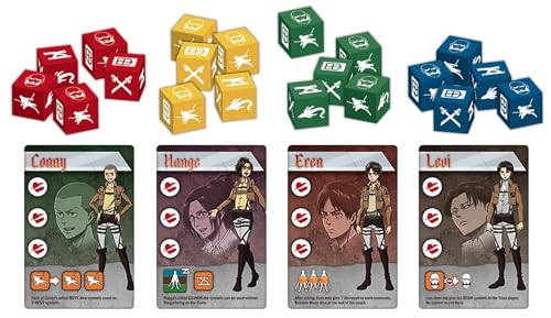 Cryptozoic Entertainment Attack on Titan: The Last Stand dice and cards in play-ready layout for quick setup.