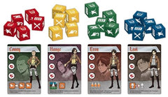 Cryptozoic Entertainment Attack on Titan: The Last Stand dice and cards in play-ready layout for quick setup.