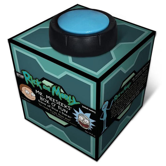 Cryptozoic Mr. Meeseeks Box O' Fun button in action for bold dares.