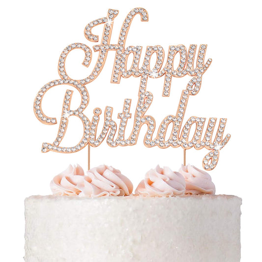 Crystal Creations rose gold Happy Birthday topper with rhinestones adds timeless sparkle to cakes
