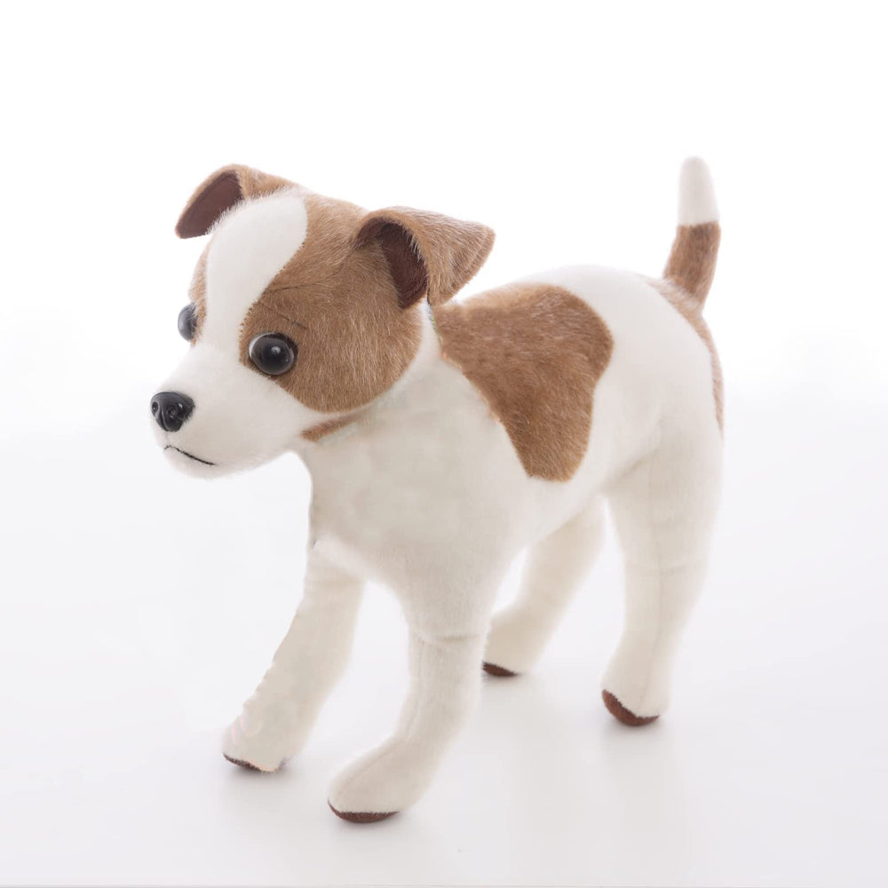 CU-MATE Jack Russell plush standing puppy in white and brown, ideal cuddle companion.