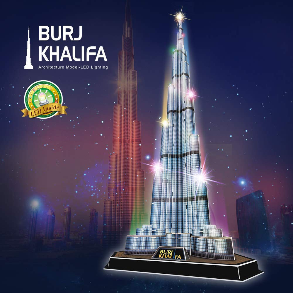 CubicFun Burj Khalifa finished dimensions shown for display planning.