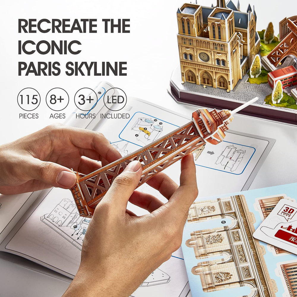 CubicFun LED Paris Night View 3D puzzle showcases illuminated landmarks for a desk display.
