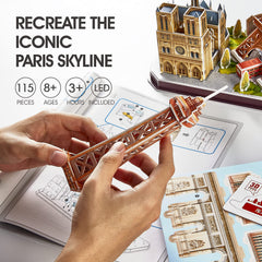 CubicFun LED Paris Night View 3D puzzle showcases illuminated landmarks for a desk display.