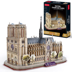 CubicFun Notre Dame Paris 3D puzzle pieces ready for step-by-step assembly to decorate your desk.